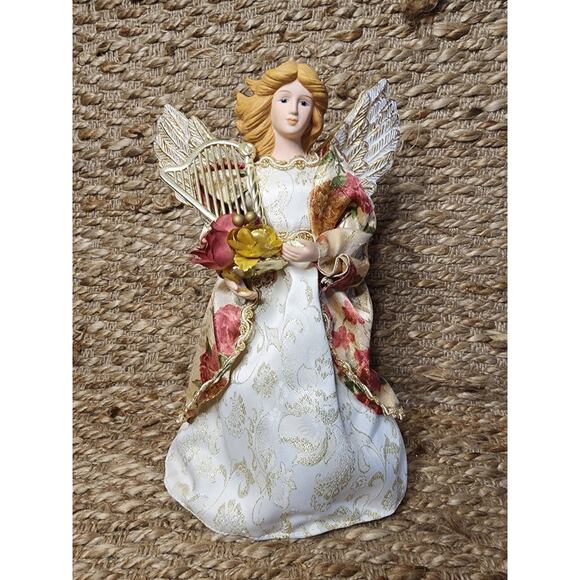 Beautiful Christmas Angel Tree Topper Gold Wings & Floral Gown Playing Harp 13" - Picture 1 of 10